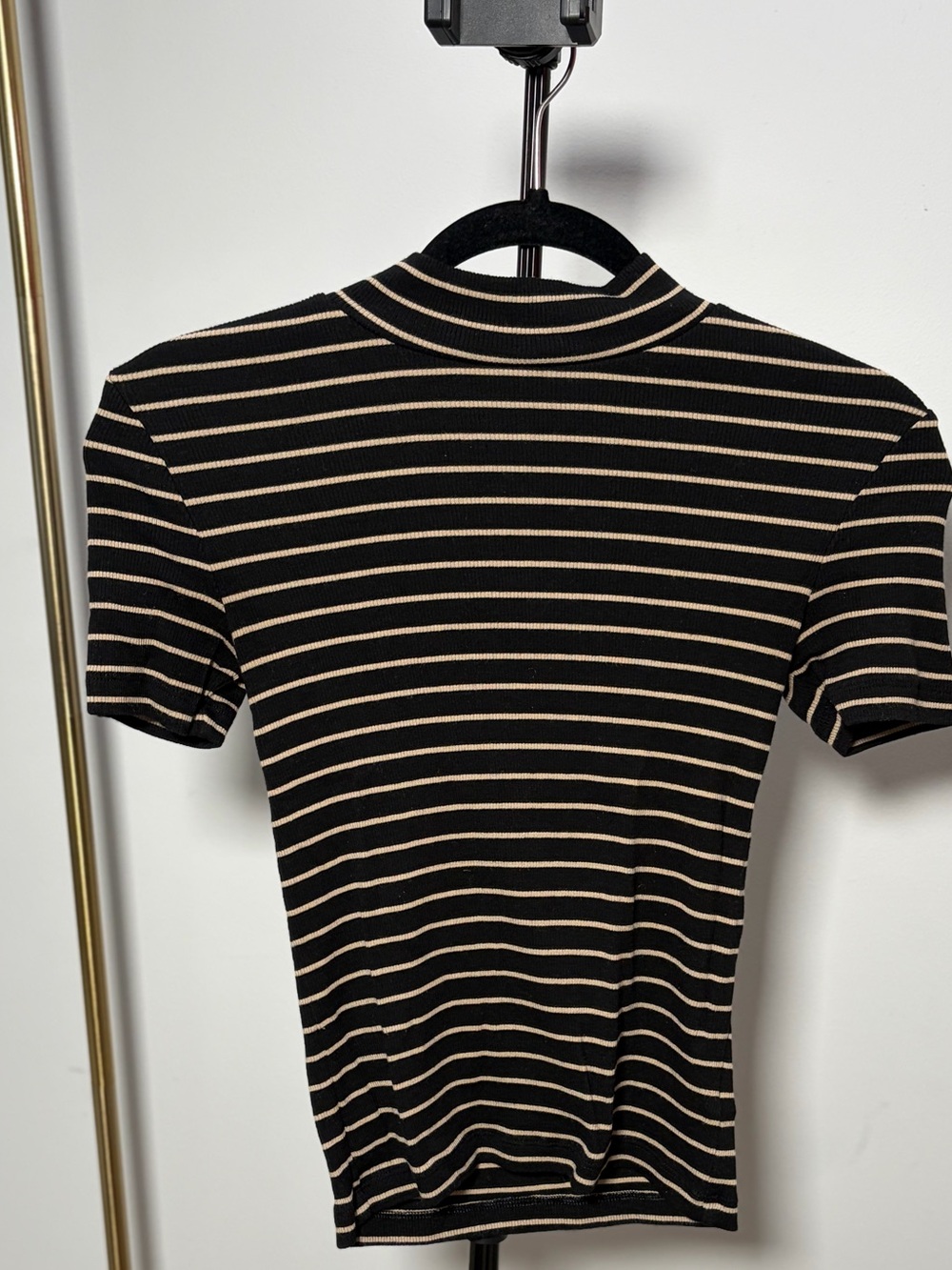 GAP Black and Beige Striped Short Sleeve Mock Neck Top
